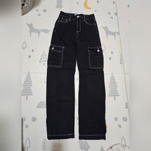 SONG Black Cargo Jeans with White Stitching